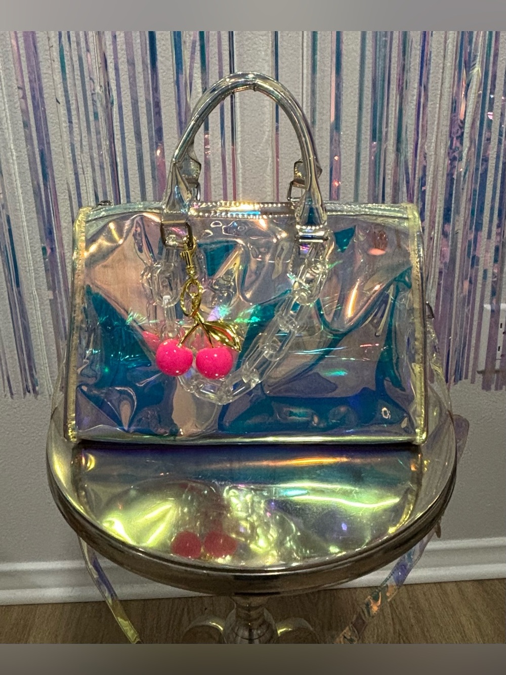 Holographic Iridescent Handbag w/Crossbody strap, Pink Cherry Charm Y2K Summer